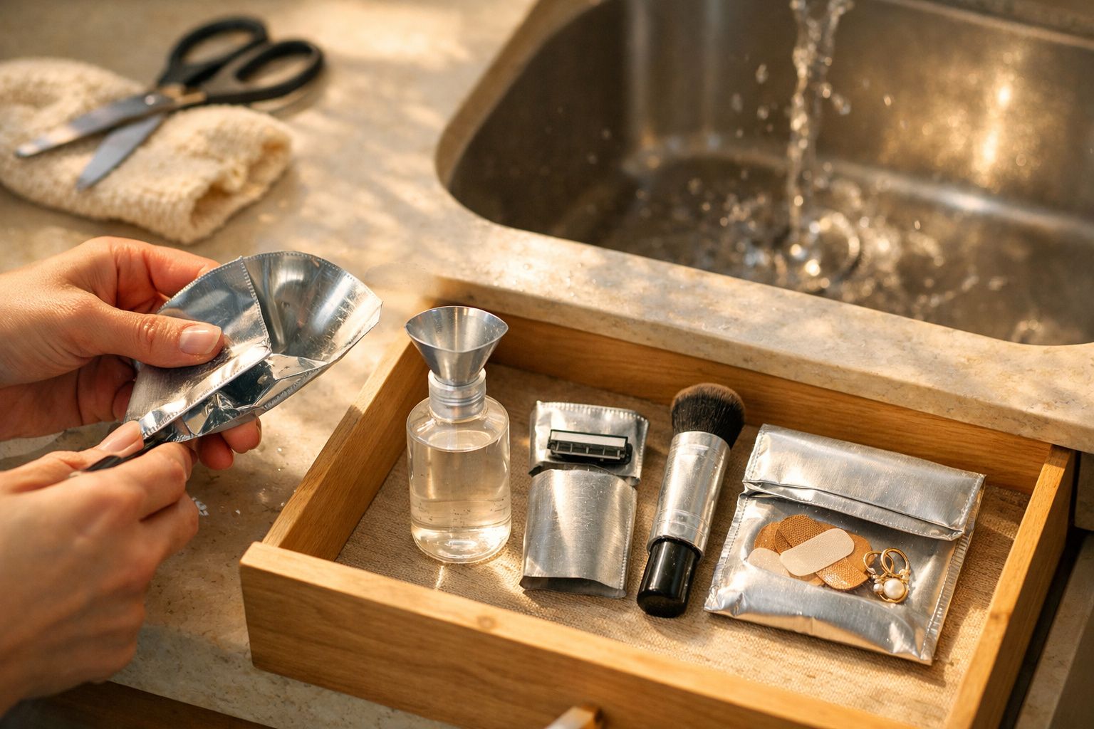 Mãos segurando embalagem de alumínio ao lado de gaveta aberta com itens de higiene e beleza, pia ao fundo.