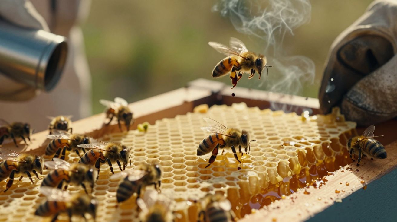 Abelhas em favo de mel, com apicultor segurando e fumando colmeia ao fundo.