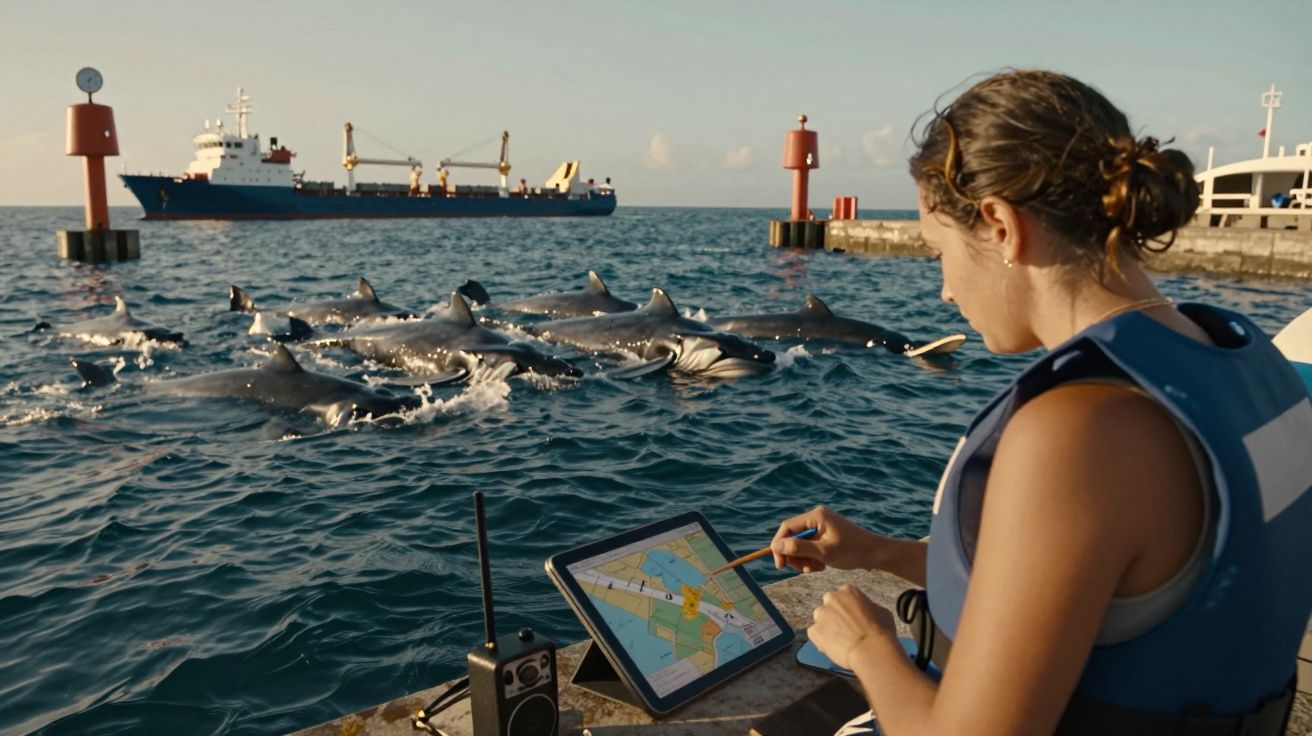 Mulher monitora golfinhos em tablet no mar, barco ao fundo.