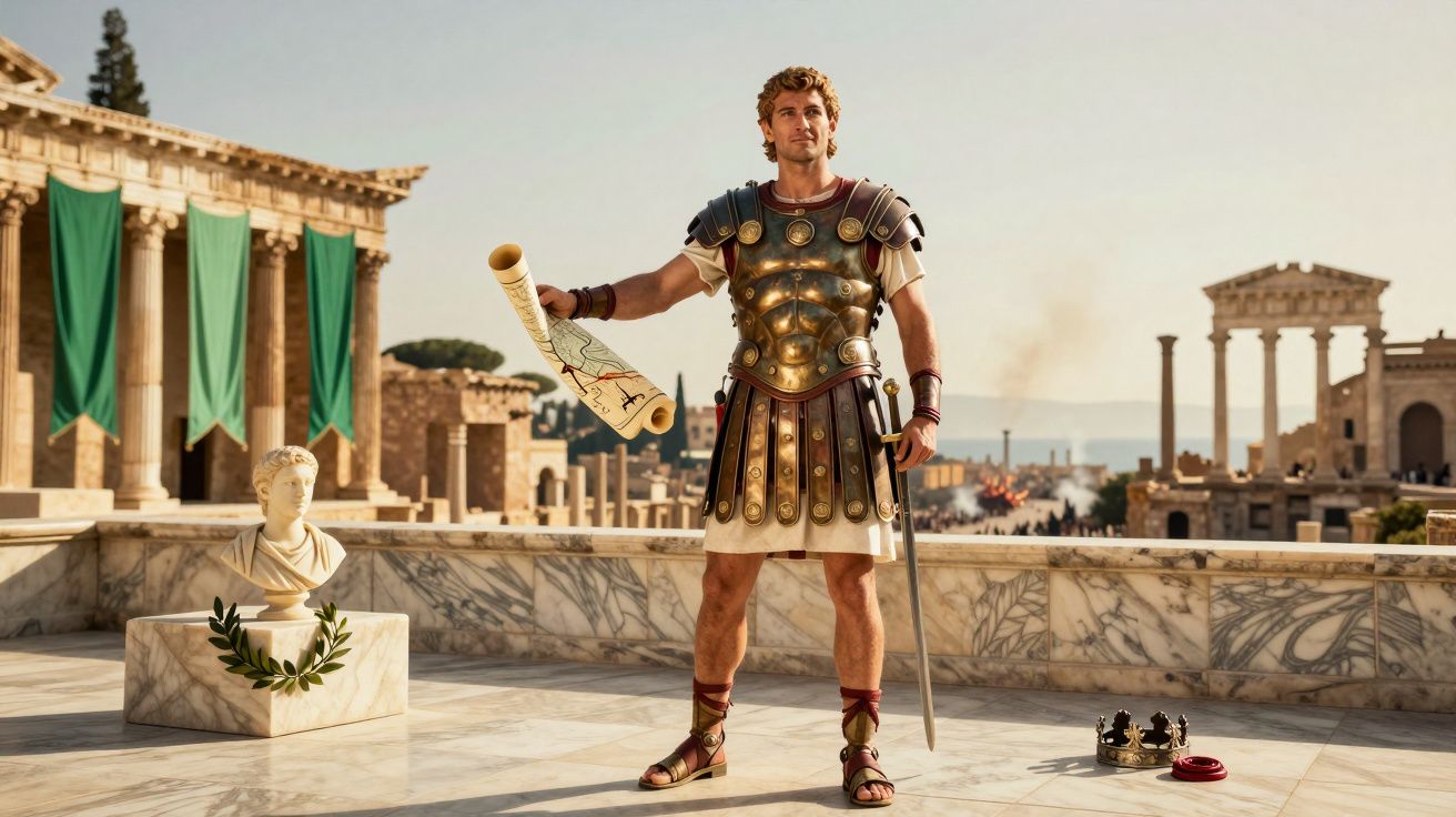 Homem em armadura romana, segurando pergaminho, em varanda com esculturas e arquitetura clássica ao fundo.