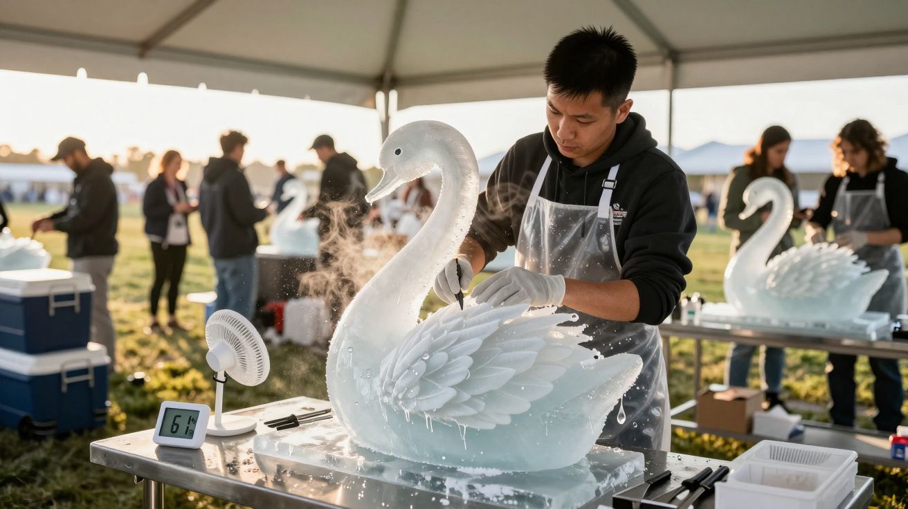 Homem esculpe um cisne de gelo em uma tenda ao ar livre, cercado por outras pessoas esculpindo.