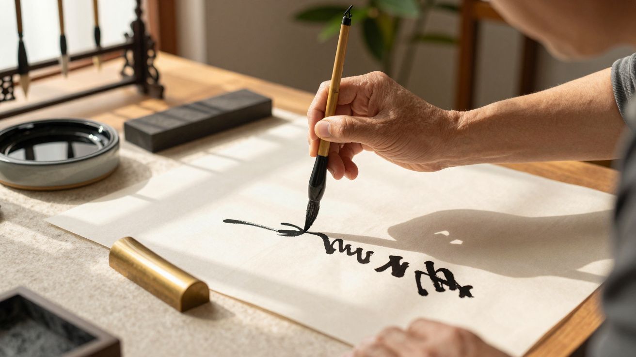 Pessoa escrevendo caligrafia japonesa com pincel em papel sobre mesa de madeira.