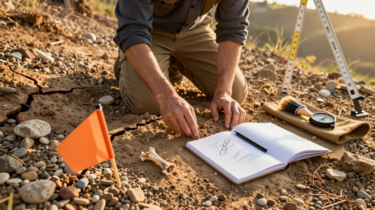 Pesquisador analisando solo, com bandeira laranja, caderno e ferramentas de arqueologia ao ar livre.