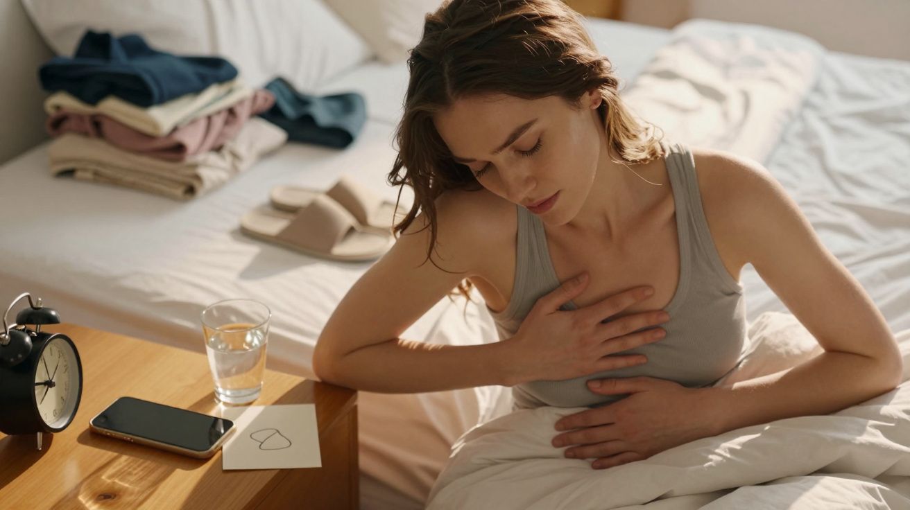 Mulher sentada na cama, com expressão de desconforto, mãos no peito. Ao lado, celular, copo d'água e um cartão.