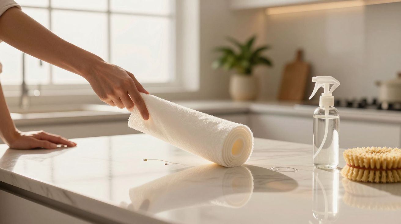 Mão puxando rolo de papel toalha em bancada de cozinha clara, com spray de limpeza e escova ao lado.