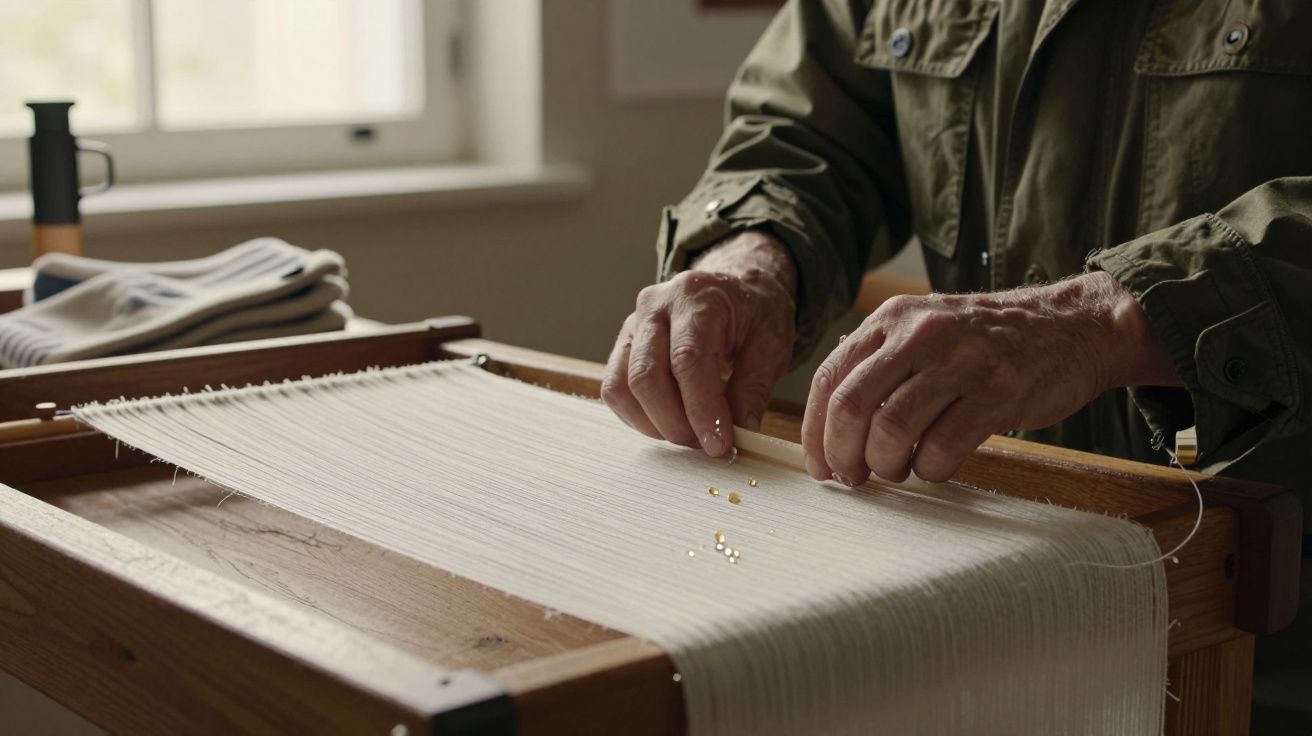 Mãos tricotando em um tear de madeira com fios claros e contas pequenas no tecido, em um ambiente bem iluminado.