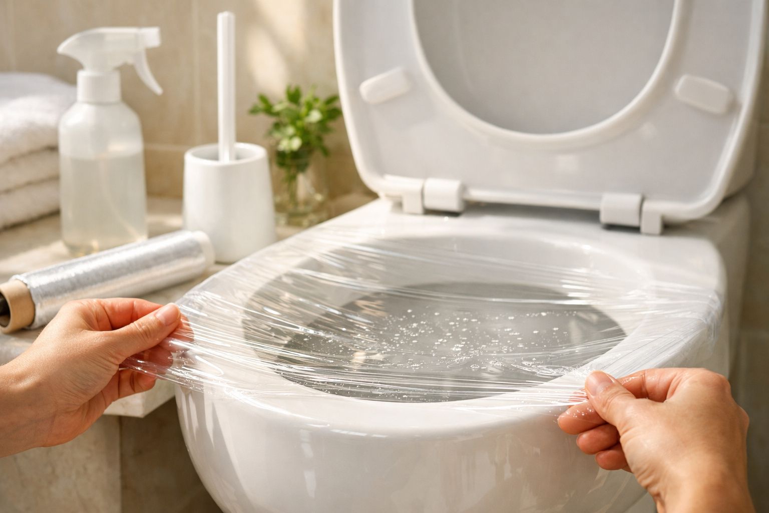 Pessoa cobrindo vaso sanitário com filme plástico em banheiro iluminado.