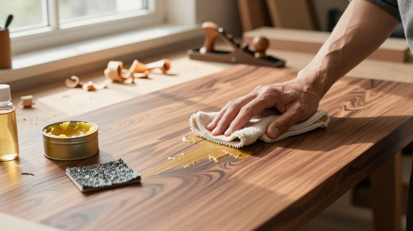 Mão passa pano com óleo em mesa de madeira; ao lado, potes de cera, esponja e ferramentas de carpintaria.