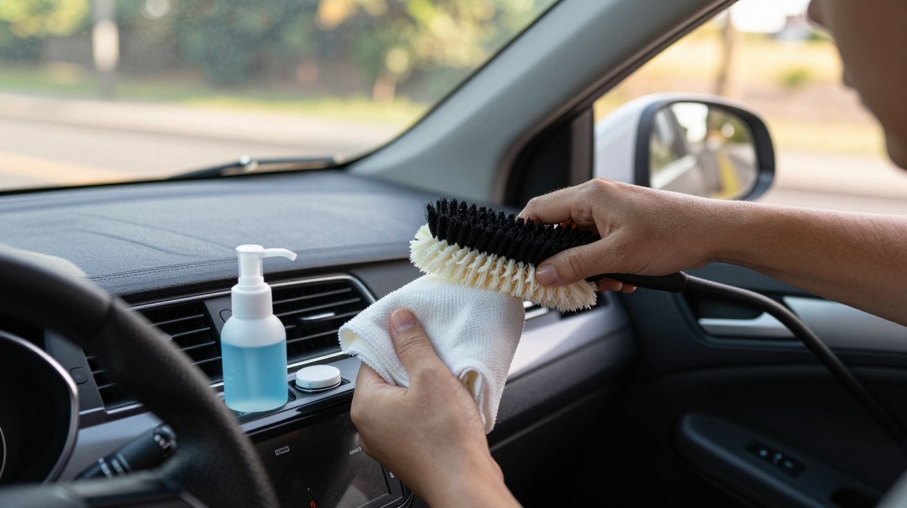 Pessoa limpando o painel de um carro com escova e pano, frasco de produto de limpeza ao lado.