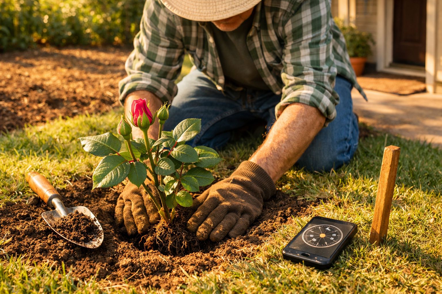 Pessoa plantando uma roseira rosa em um jardim, com luvas de jardinagem e uma pá ao lado.