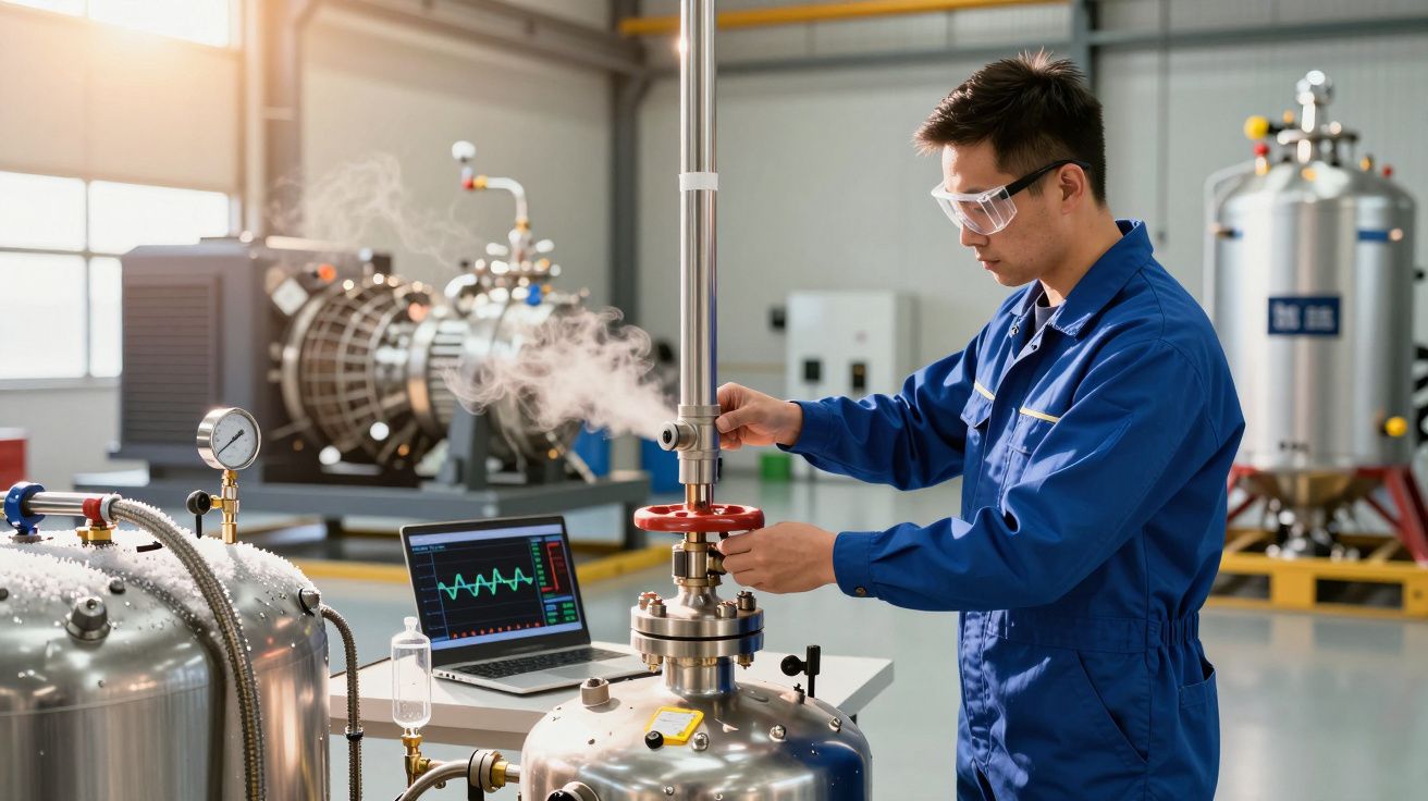 Técnico ajustando equipamento industrial com vapor; laptop exibe gráficos. Ambiente de fábrica com máquinas ao fundo.