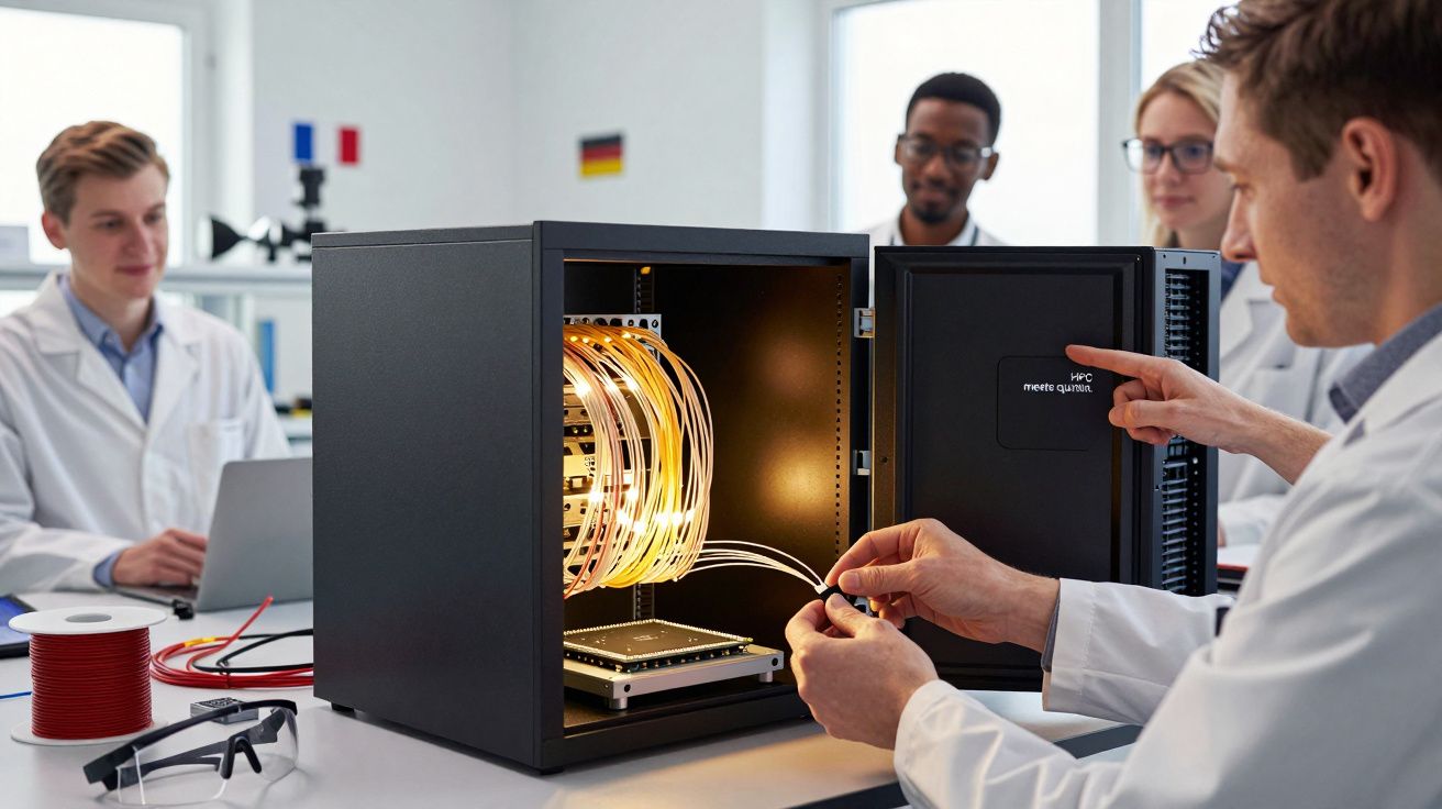 Cientistas analisam cabos dentro de um gabinete de servidor em laboratório tecnológic