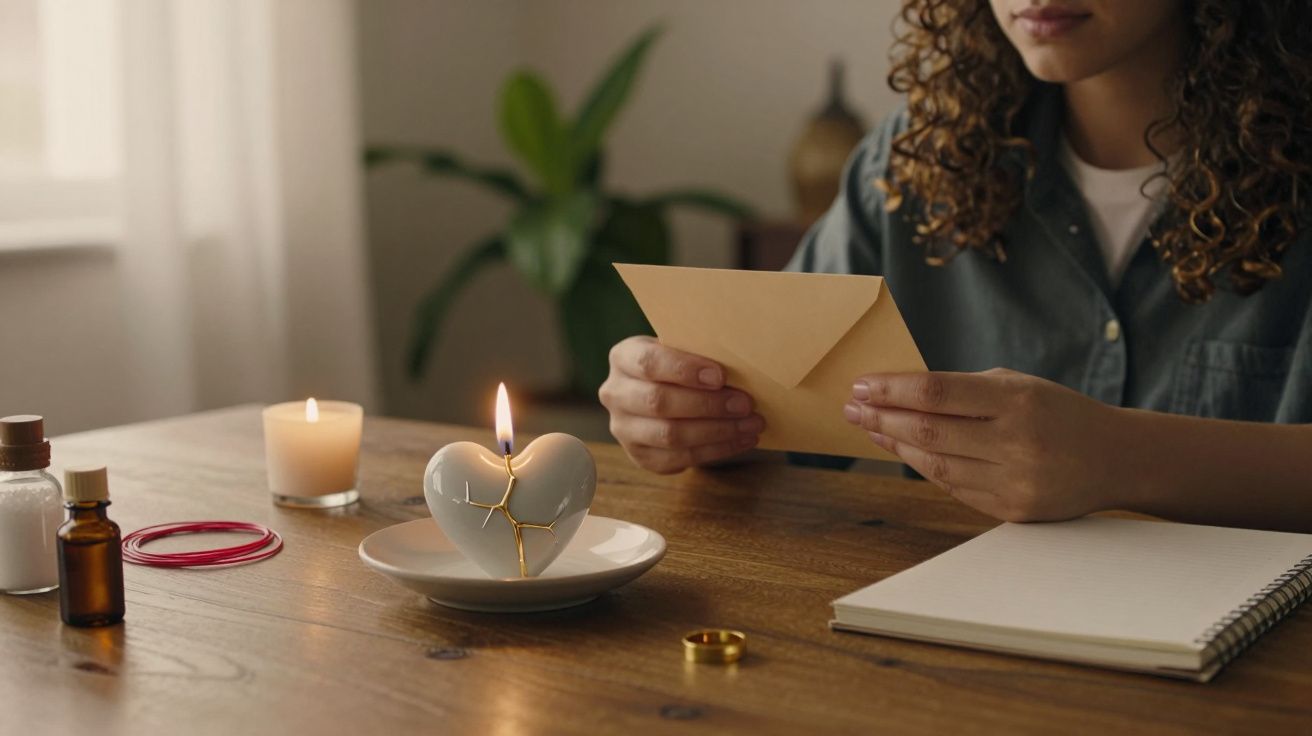 Mulher segurando envelope em mesa com vela em forma de coração, frasco e caderno, planta ao fundo.