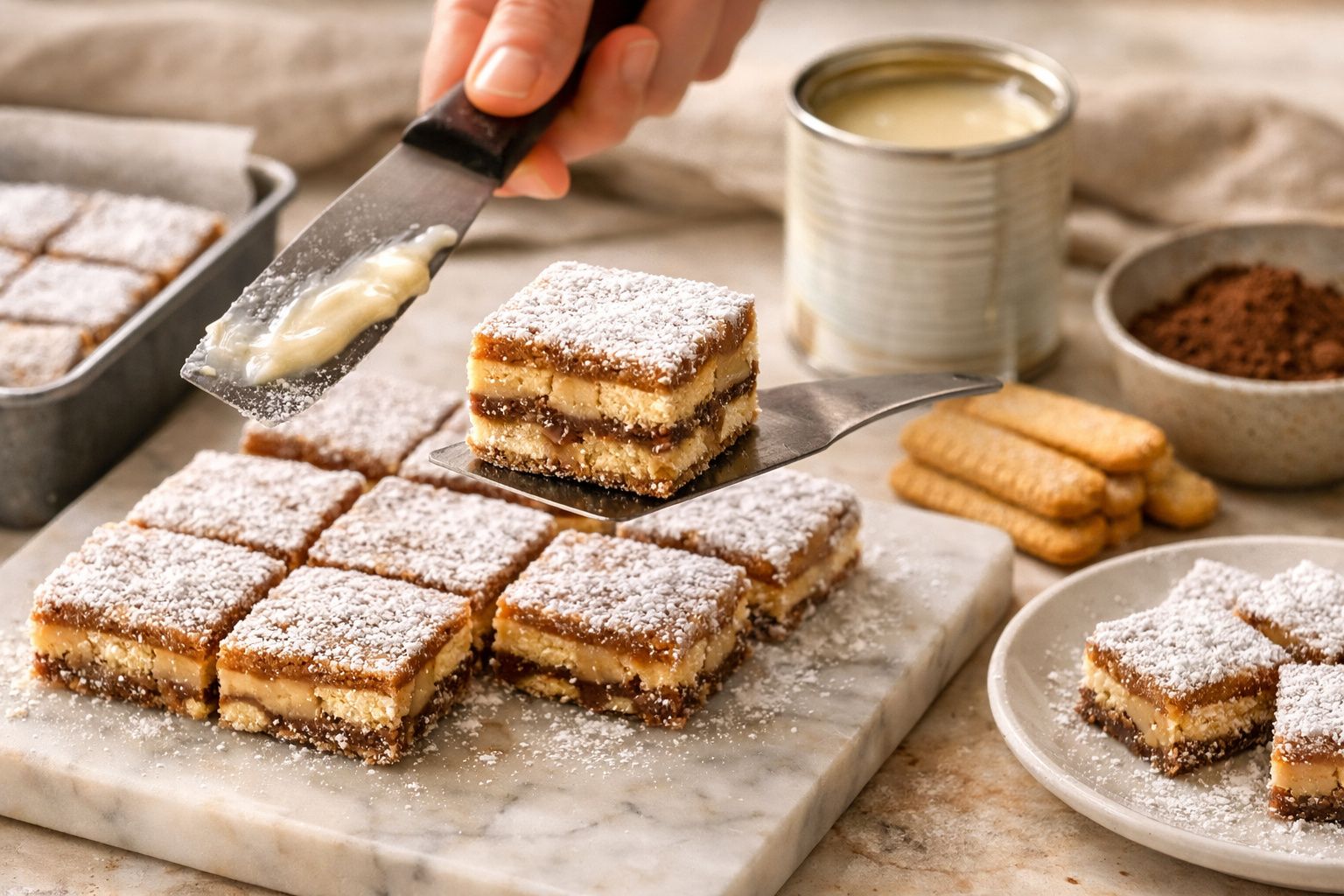 Quadrados de sobremesa com camadas intercaladas e açúcar de confeiteiro, sobre tábua de mármore e utensílios ao fundo.