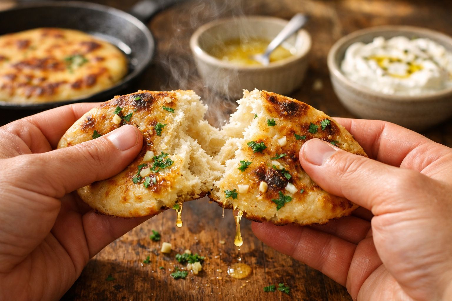 Pão quente sendo partido ao meio, com azeite e ervas; pratos com condimentos ao fundo.