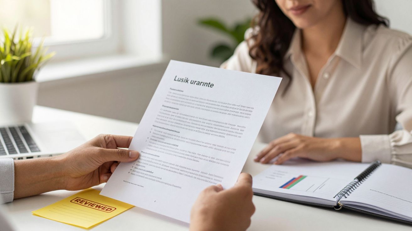 Duas pessoas em uma mesa, uma segurando um documento, a outra com um caderno aberto e cartas na mesa.