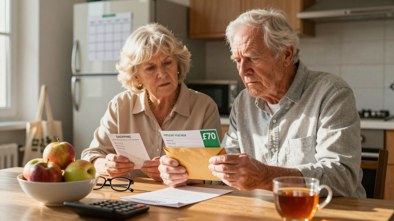 Casal de idosos analisa contas em uma mesa de cozinha, com maçãs, óculos e calculadora ao redor.
