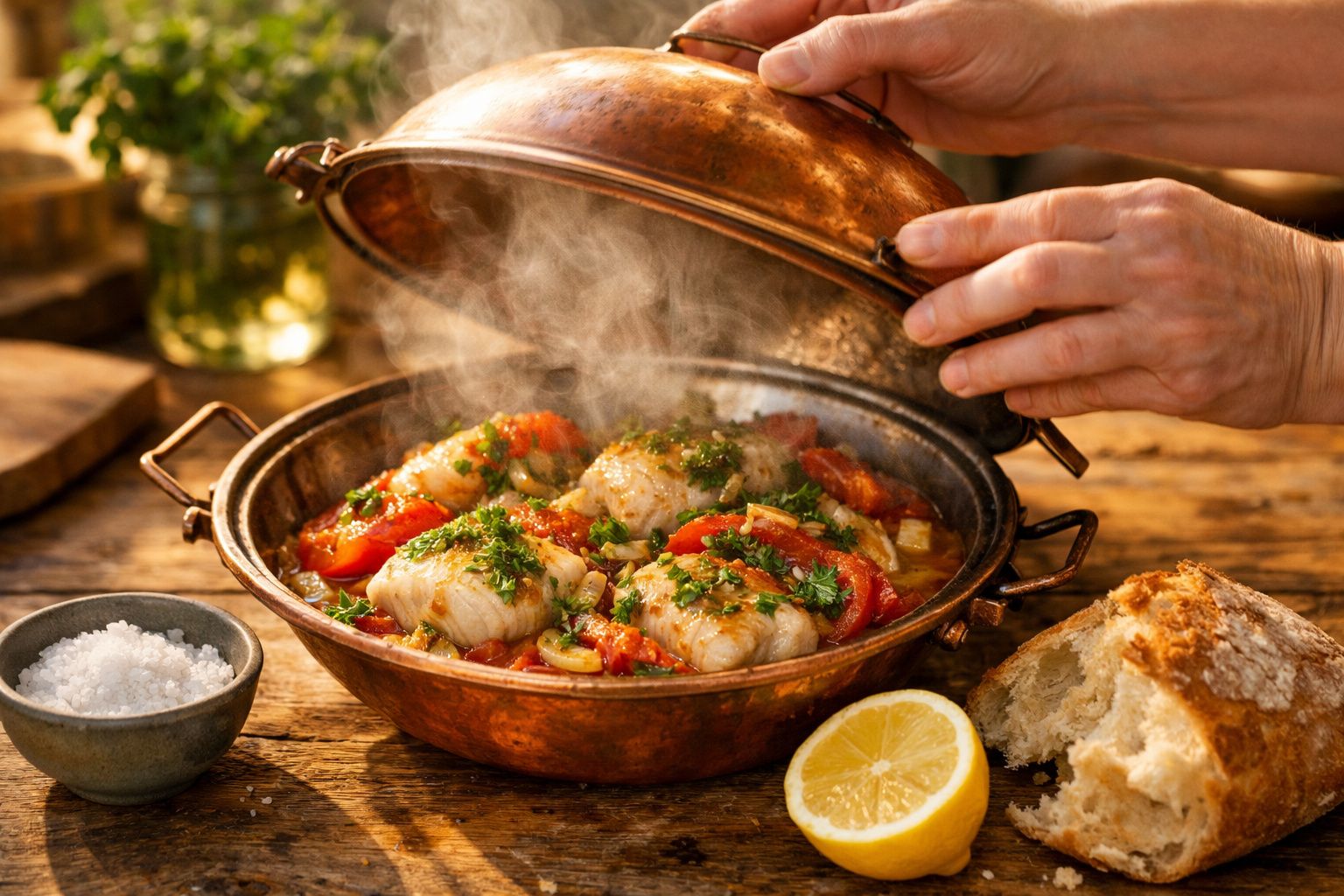 Panelinha de cobre com peixe cozido, legumes e ervas, sendo destampada; pão, limão e sal ao redor.