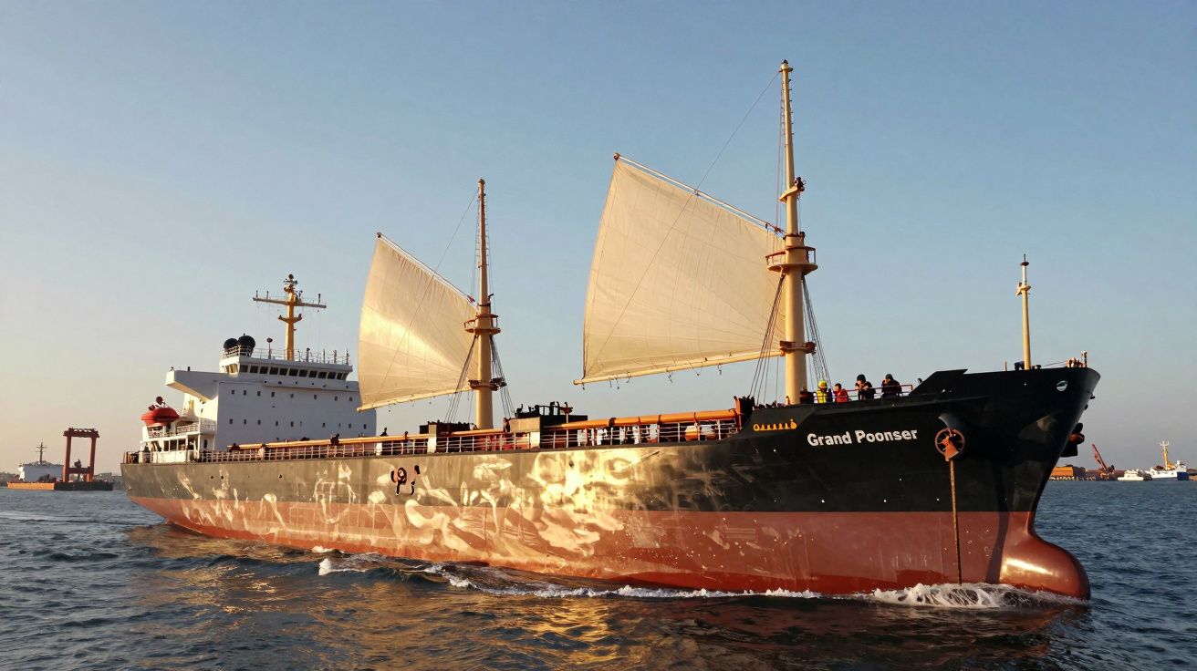 Navio de carga com velas içadas navega em mar aberto sob céu claro, com outras embarcações ao fundo.