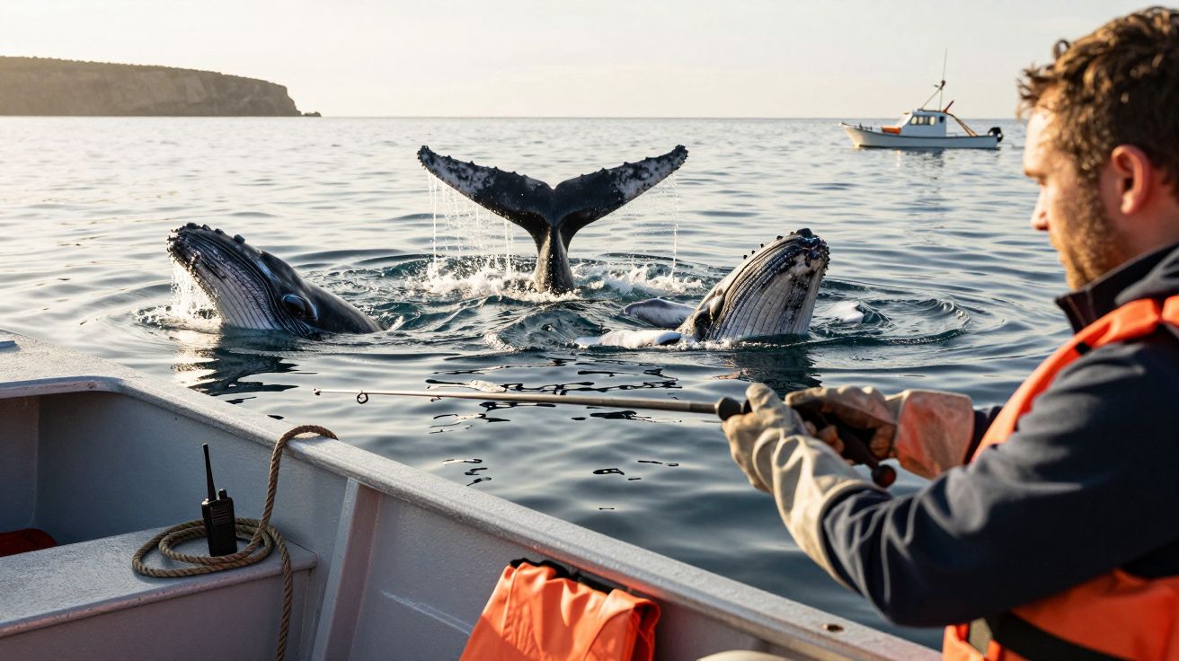 Homem em barco observa três baleias emergindo na água, com cauda visível. Outra embarcação ao fundo.