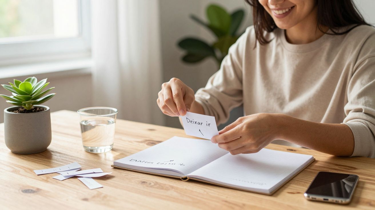 Mulher sorrindo segura cartão com "Deixar ir" enquanto escreve em um caderno. Mesa com planta, água e celular.