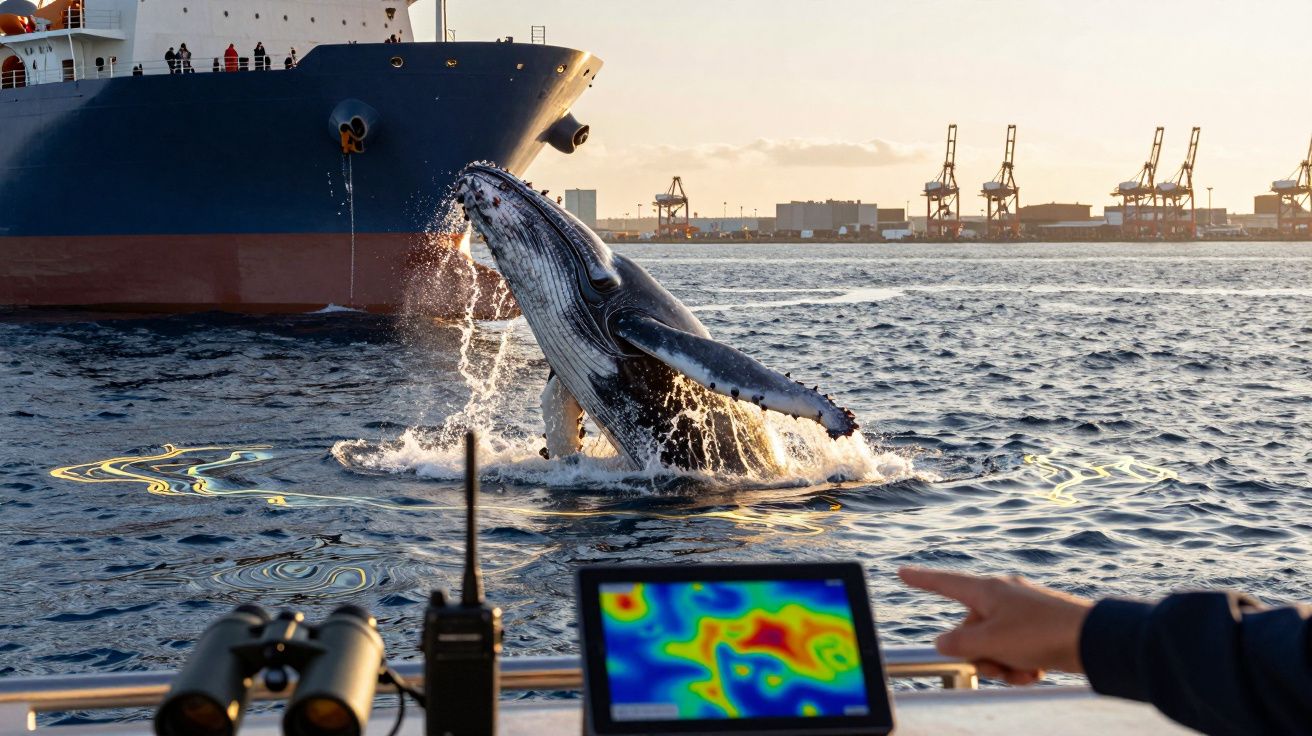 Baleia-jubarte saltando próximo a um grande navio em um porto, com uma tela de calor e binóculos em um barco.