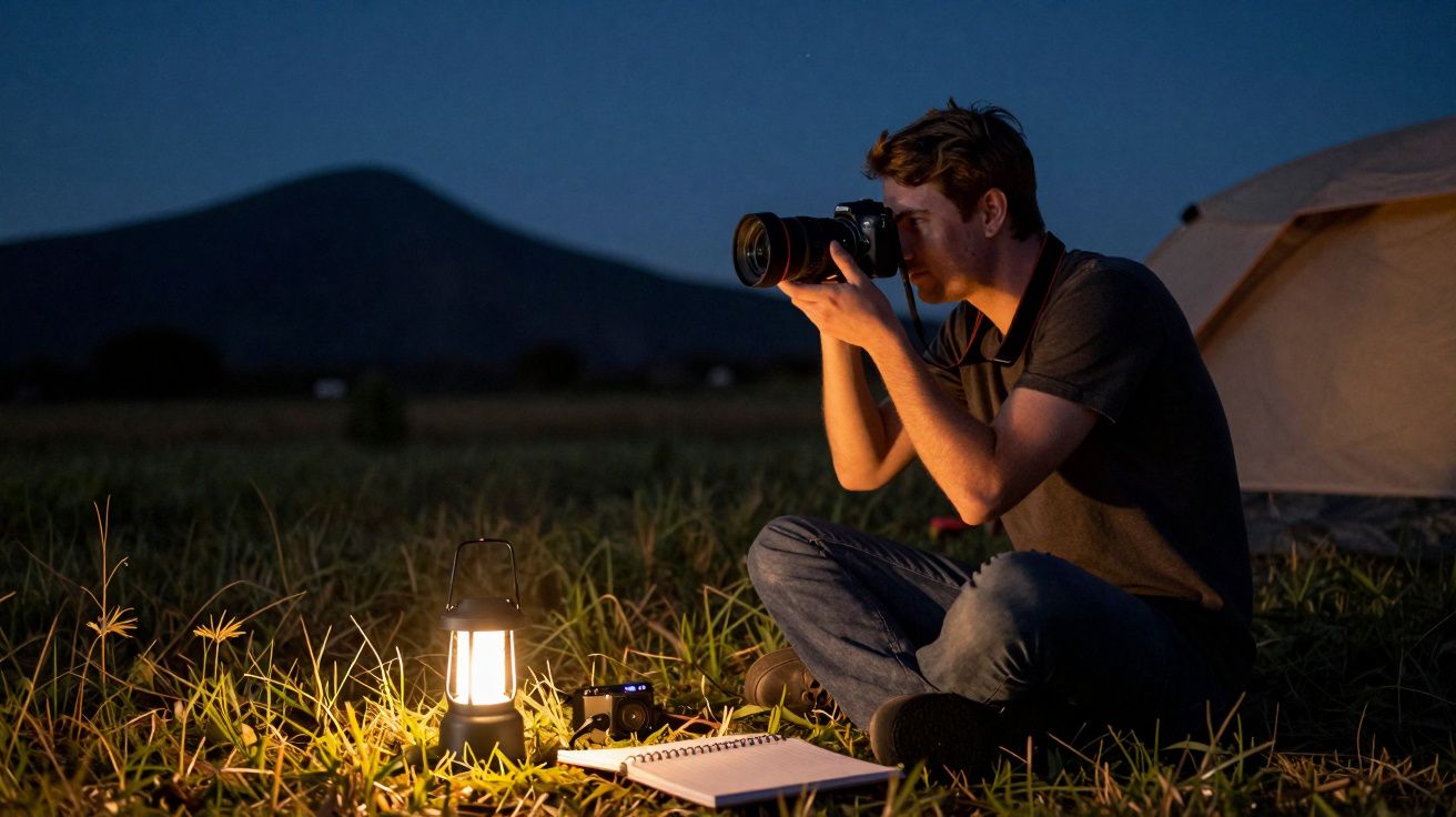 Homem fotografando ao ar livre à noite, com lanterna, caderno e câmera ao lado, montanha ao fundo.