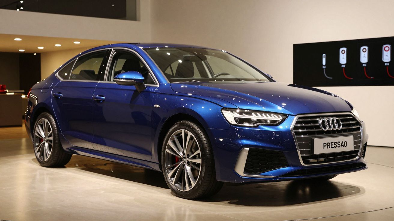 Carro sedan azul Audi em exibição em um showroom bem iluminado.
