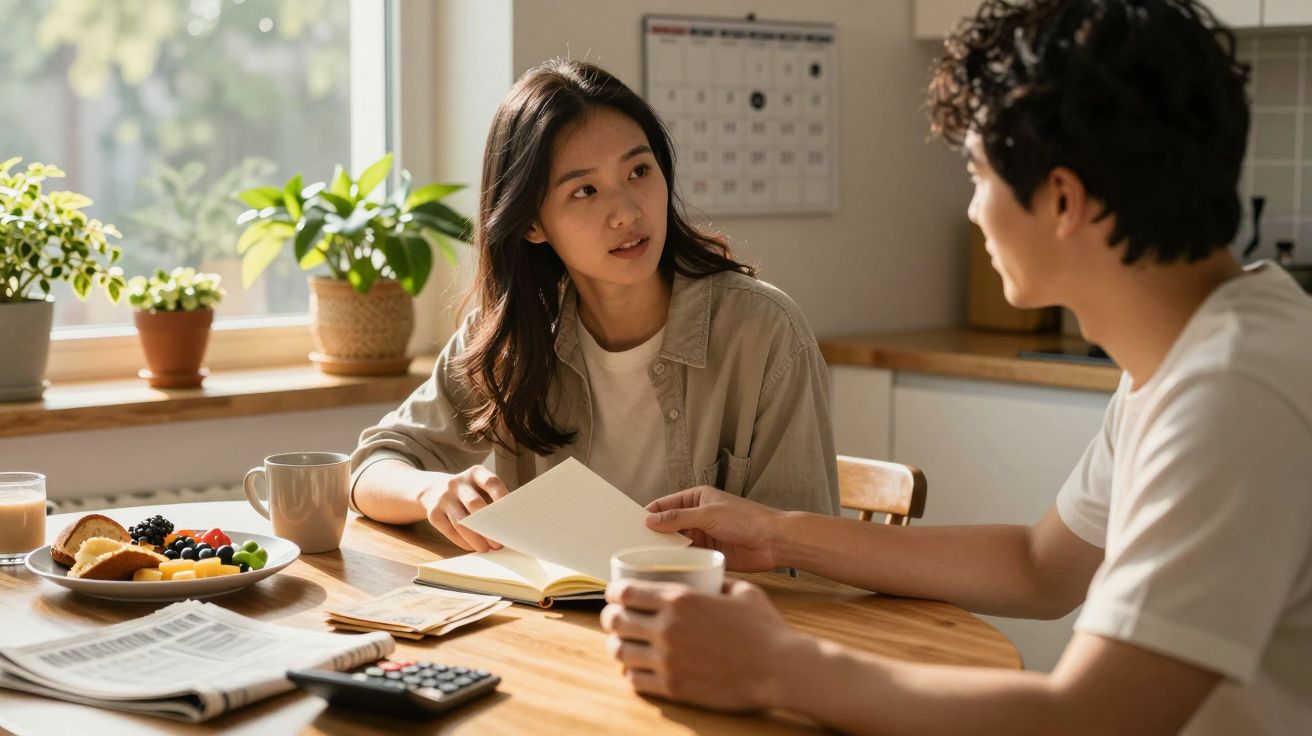 Casal conversando em uma mesa de cozinha, com café, frutas e jornal. Plantas decoram o ambiente iluminado.