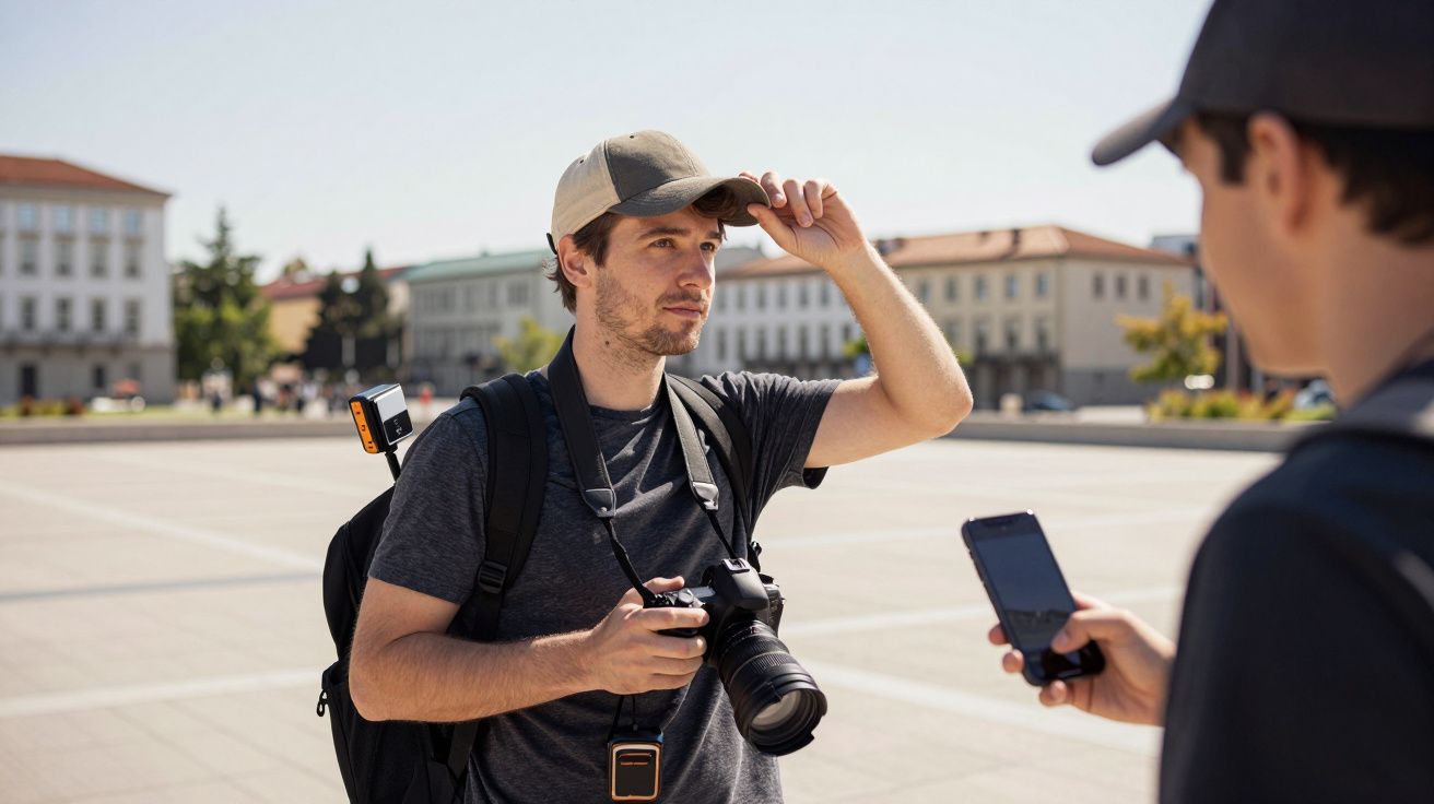 Homem com câmera e boné ajusta o chapéu enquanto conversa com outro segurando um celular, em praça urbana.