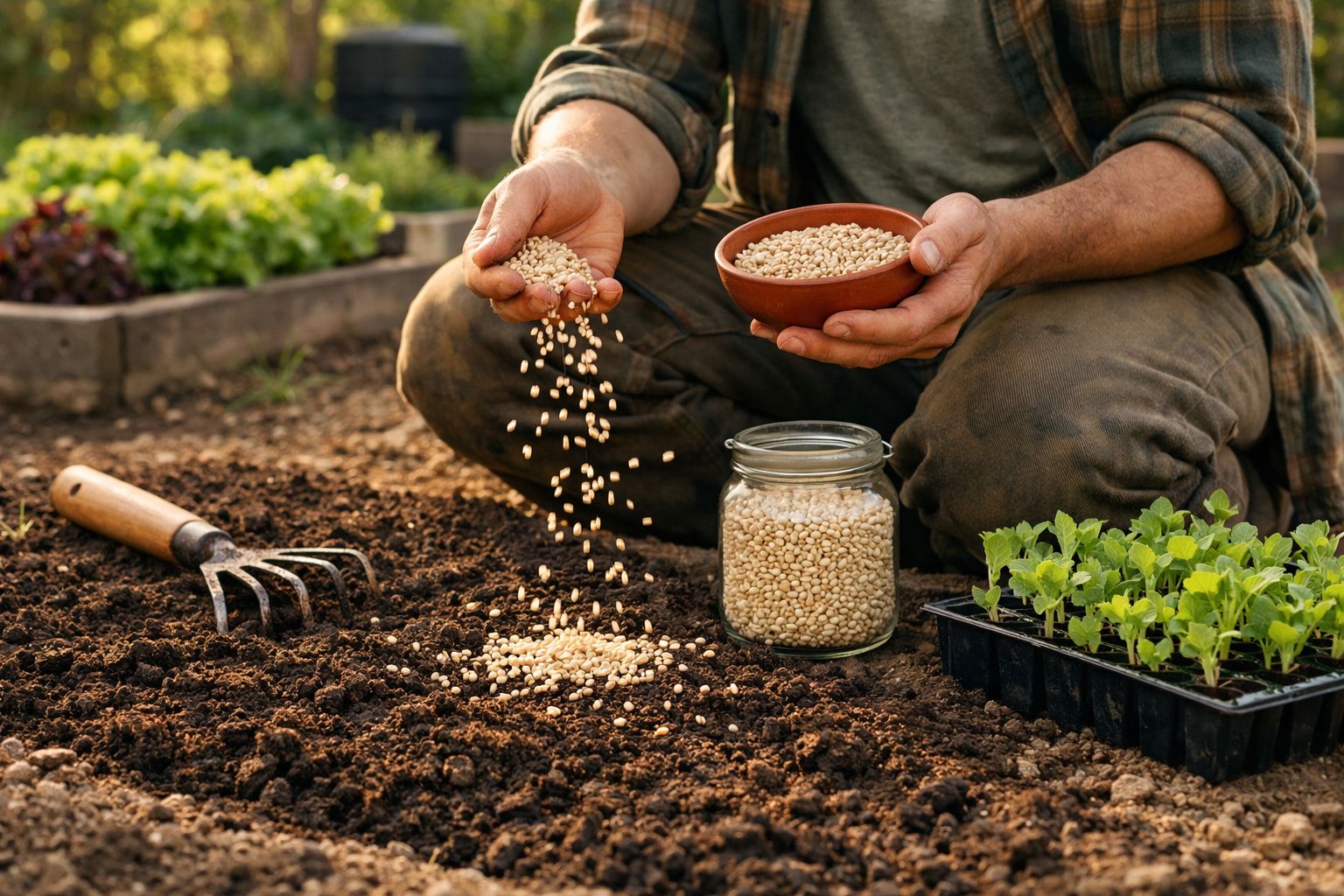 Pessoa plantando sementes no solo, com ferramentas de jardinagem e mudas ao redor.