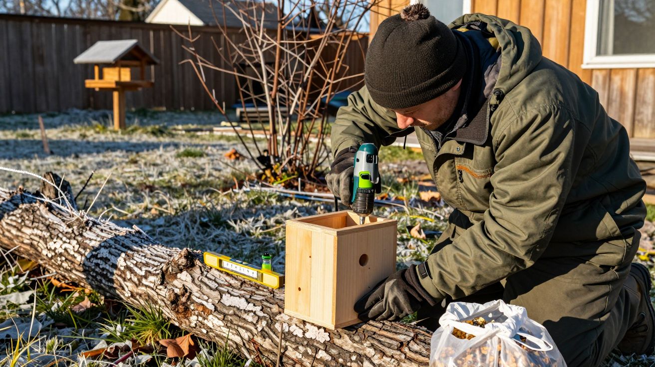 Homem construindo uma caixa de madeira em um tronco no jardim, usando uma furadeira verde.