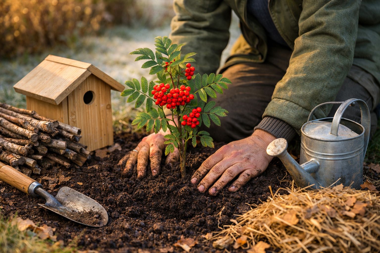 Pessoa plantando arbusto com frutas vermelhas, regador, casinha de pássaros e pilha de galhos ao lado.