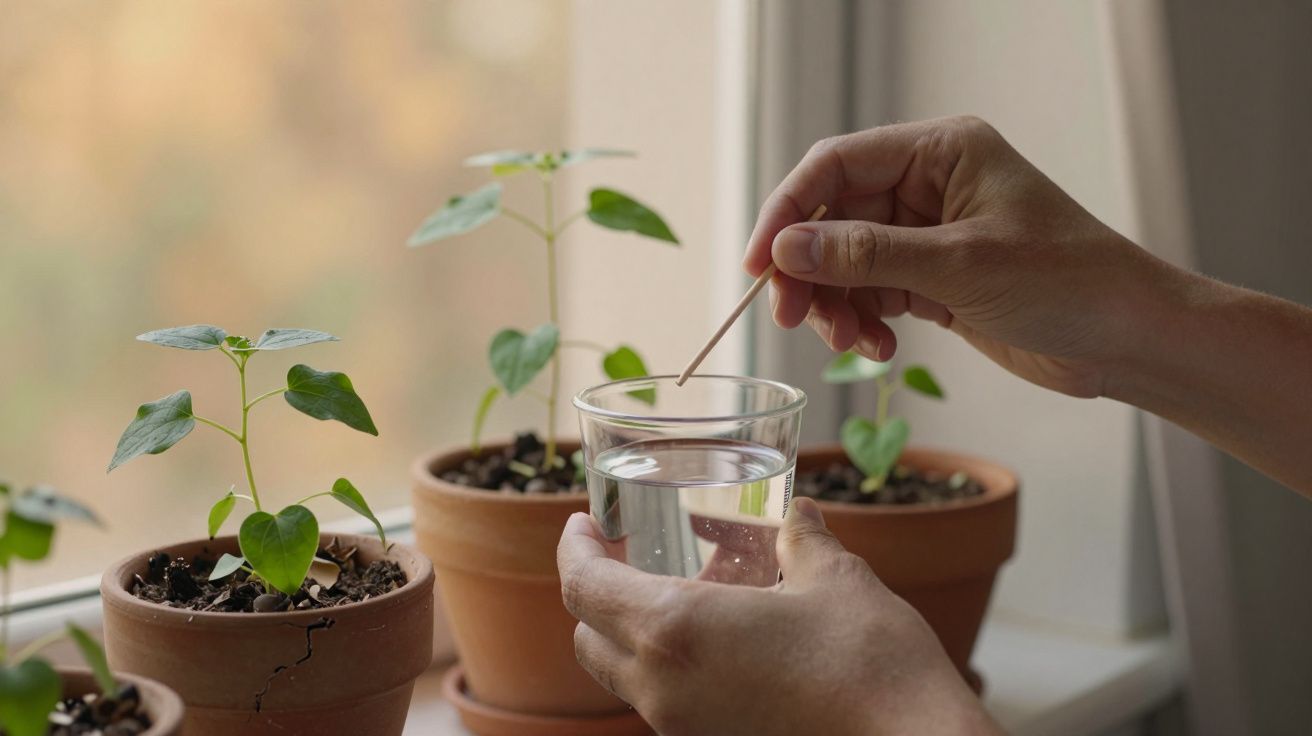Mãos segurando copo de água perto de vasos com plantas na janela.