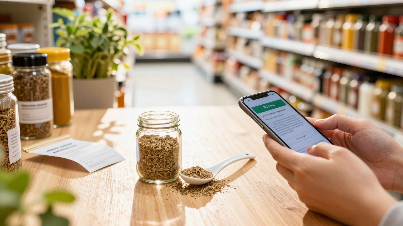Pessoa olhando celular ao lado de potes de especiarias em loja, com colher e pote de ervas sobre mesa de madeira.