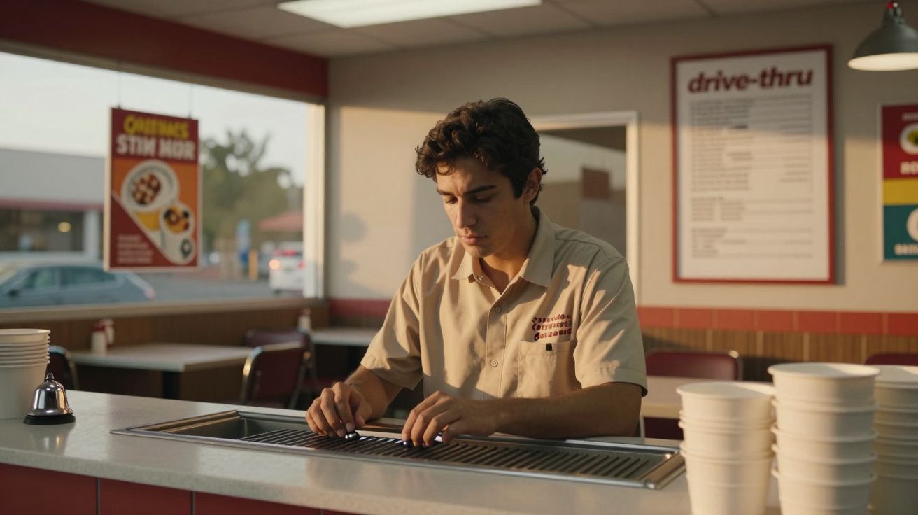 Funcionário pensativo senta no balcão de um fast-food vazio com luz suave entrando pelas janelas.