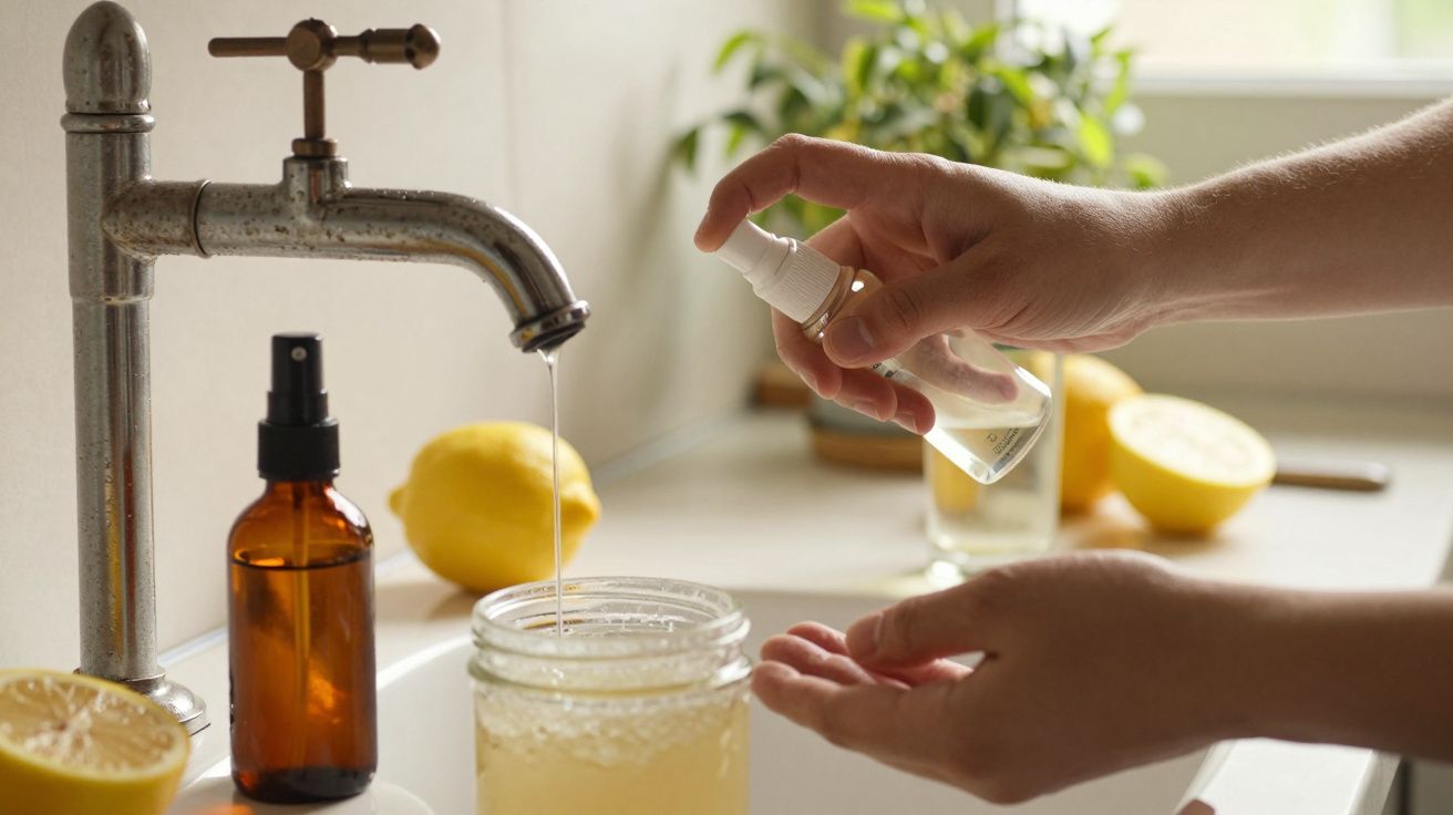 Mãos aplicando spray em jarra sob torneira, ao lado de limões cortados na pia da cozinha.
