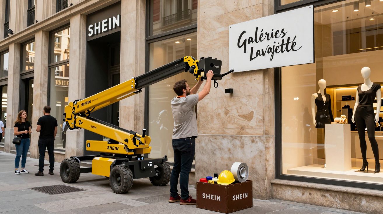 Homem ajusta placa em loja "Galeries Lavajette", com guindaste amarelo ao lado. Caixa e capacete no chão.