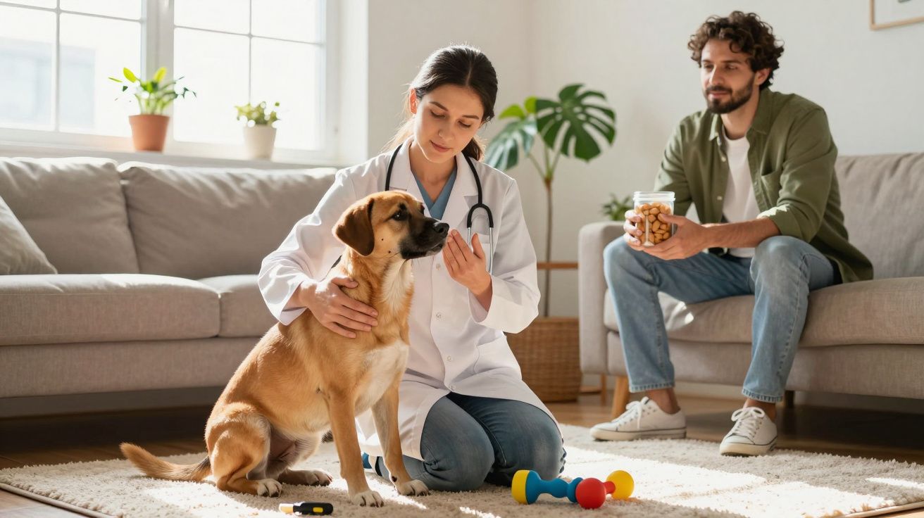 Veterinária examina cachorro em sala de estar, enquanto homem observa segurando um pote de petiscos.