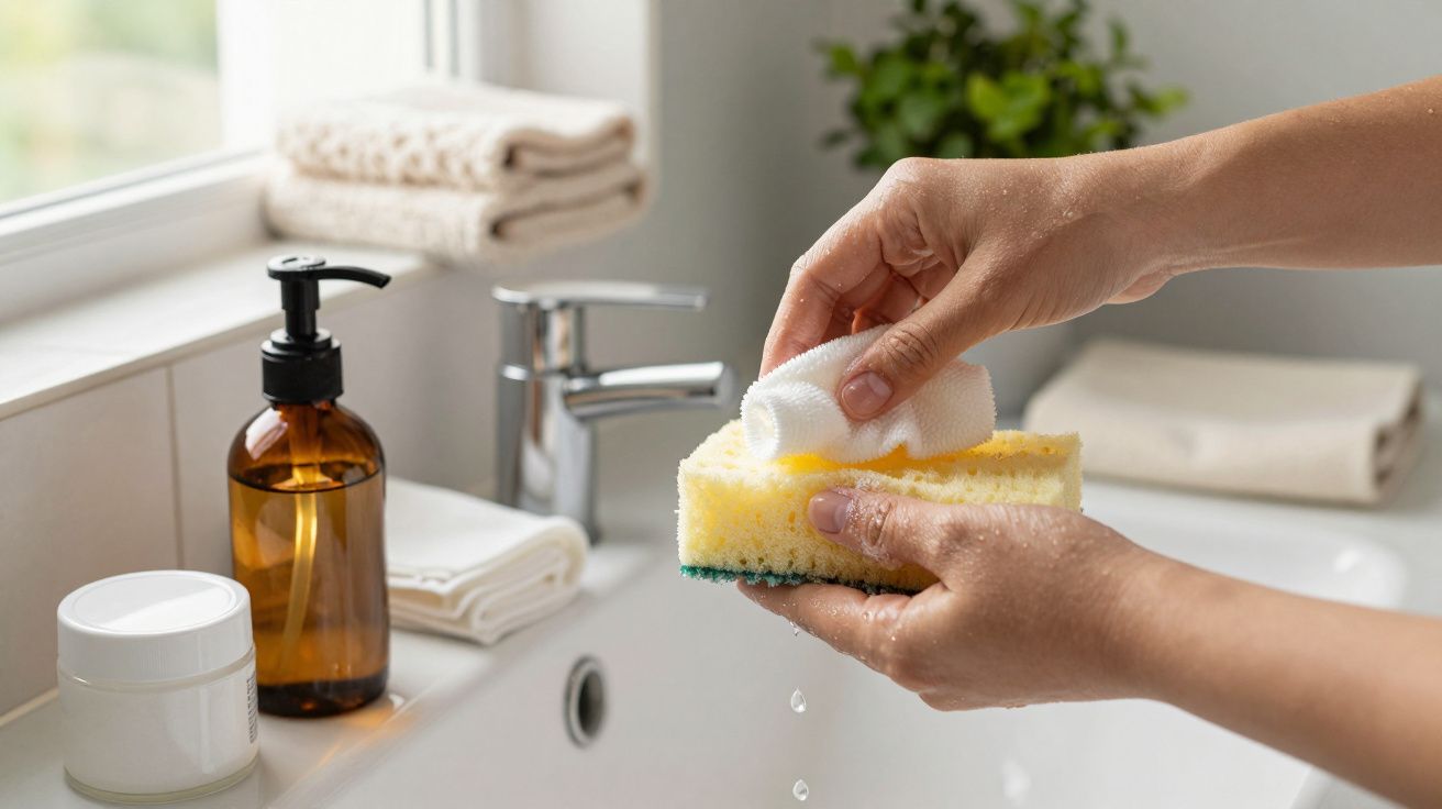 Mãos lavando esponja amarela sob torneira em banheiro, com sabonete líquido e toalhas ao fundo.