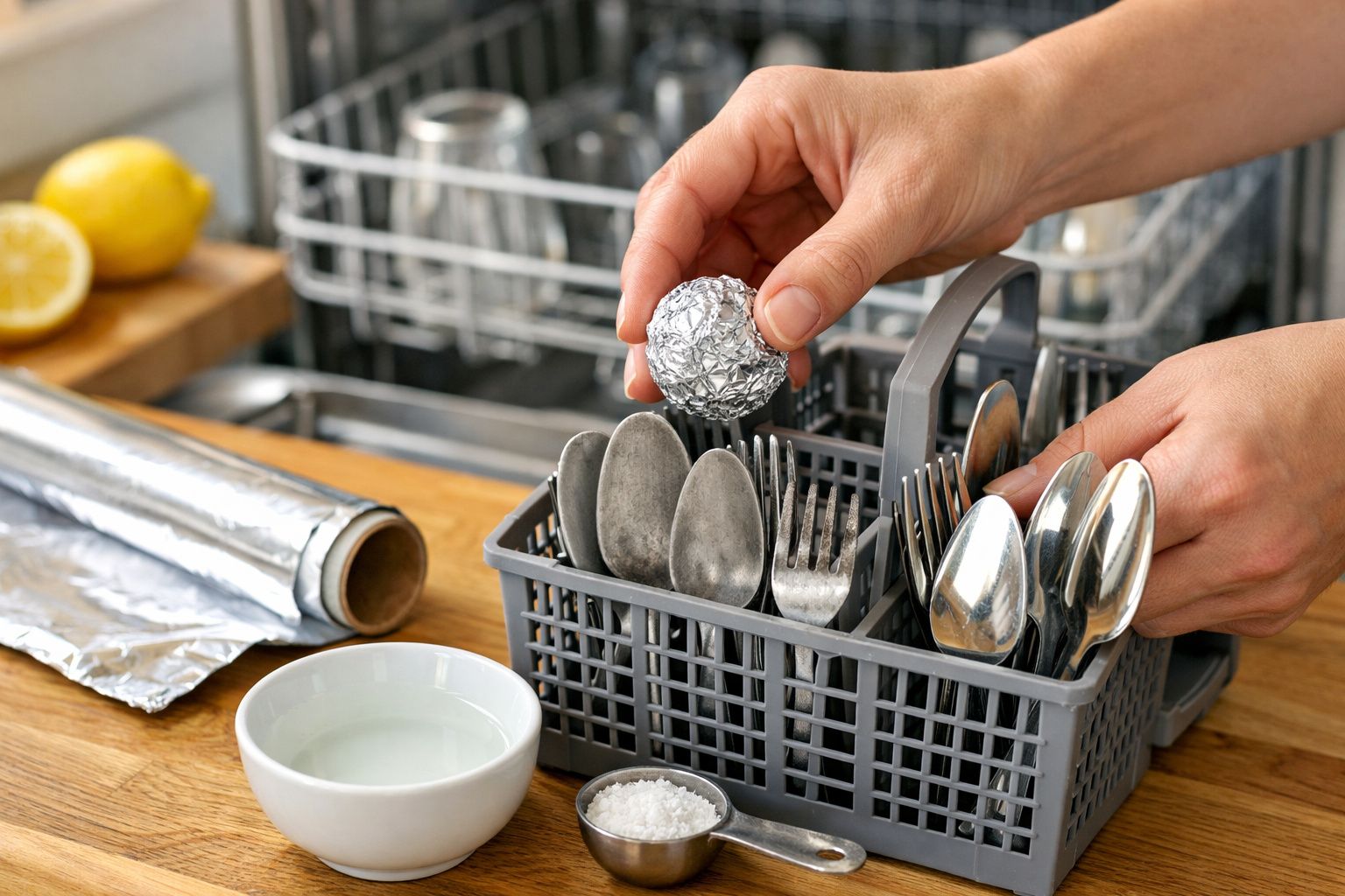 Pessoa colocando uma bola de papel alumínio em cesta com talheres na máquina de lavar louça.