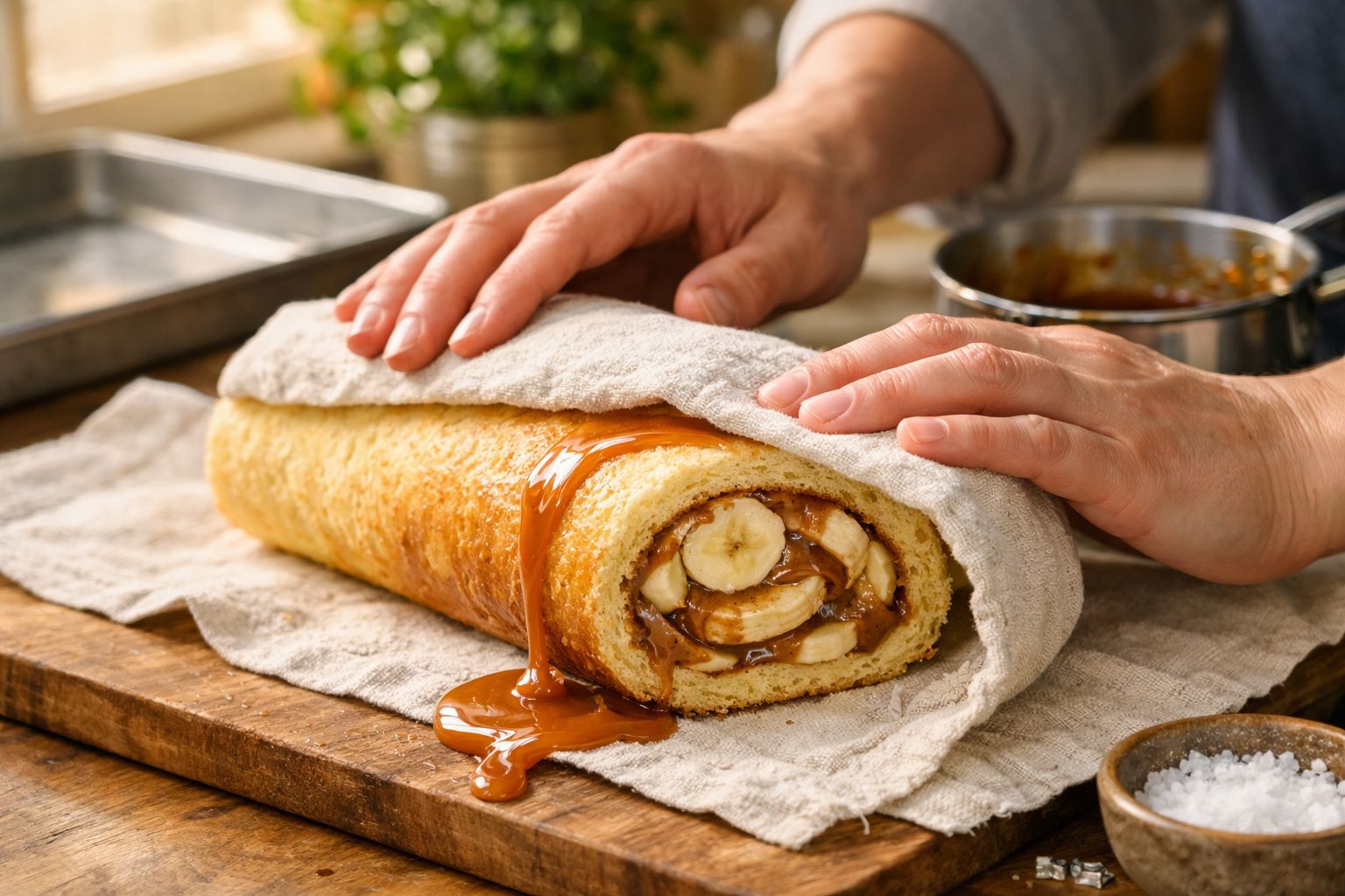 Pessoa enrola rocambole de banana e doce de leite em pano, com doce escorrendo pela lateral em bancada de cozinha.