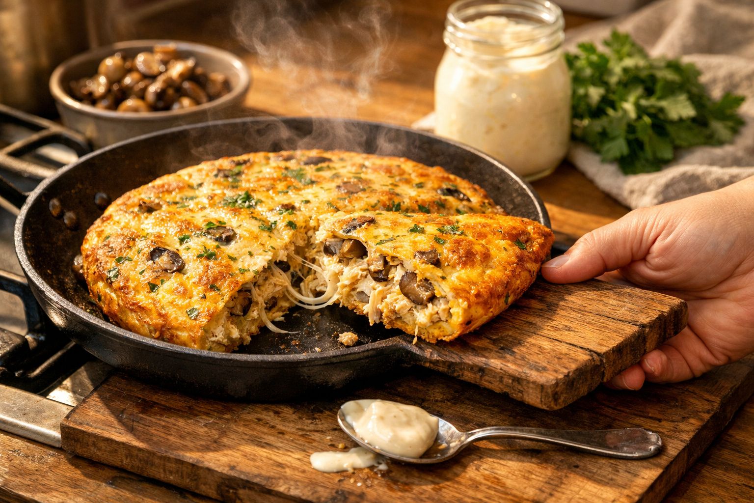 Fatia de tortilla de batata com cogumelos e queijo, servida em prato de cerâmica, cercada por salada e creme de leite.