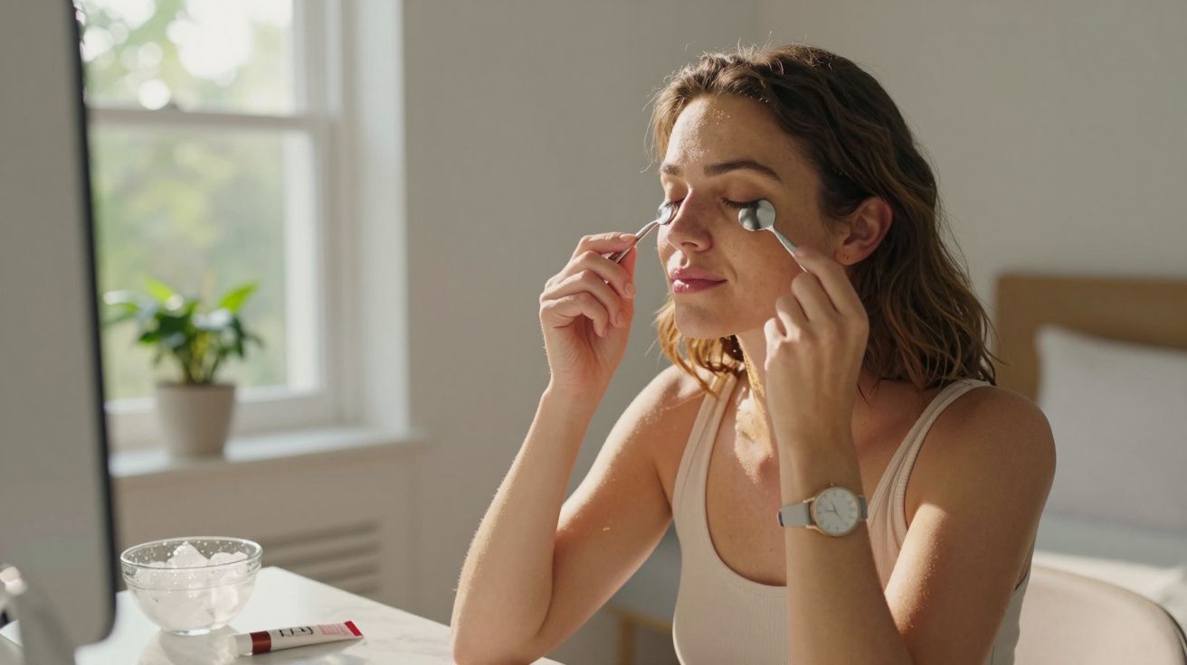 Mulher segurando colheres sob os olhos, relaxando em uma cadeira ao lado de uma janela com planta e luz natural.