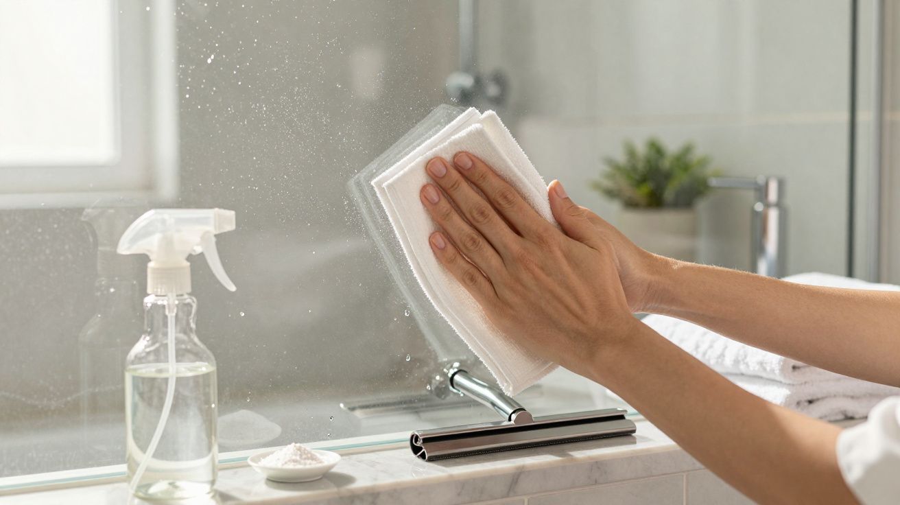 Pessoa limpando espelho do banheiro com pano e borrifador ao lado.