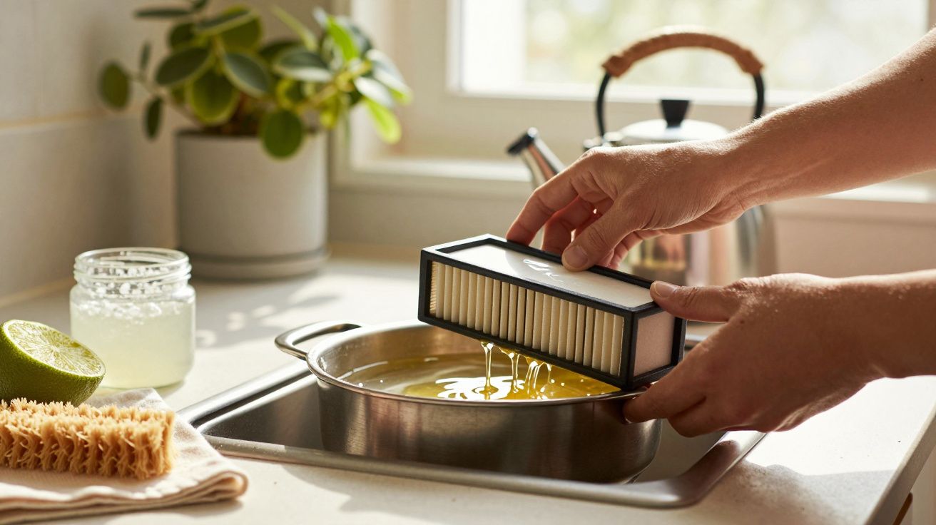 Mãos derramando óleo de um filtro retangular em uma panela na pia, com planta e jarra ao fundo.