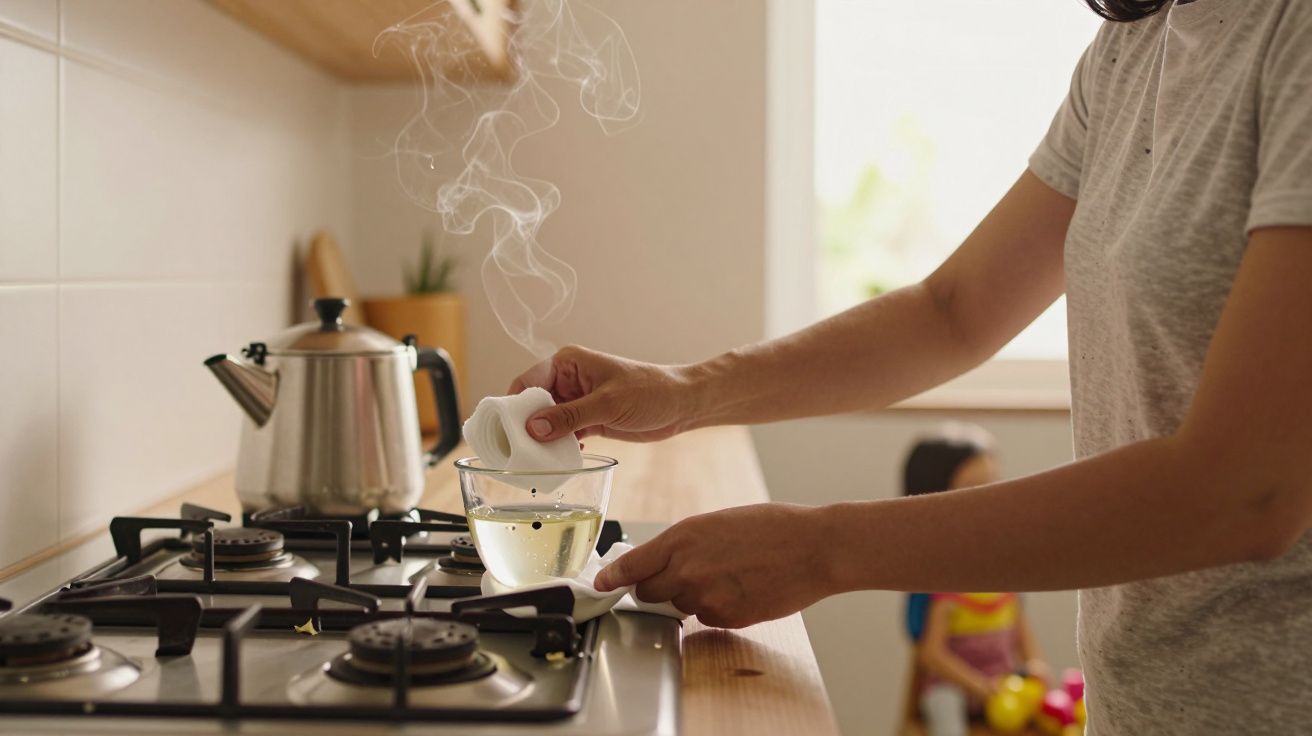 Pessoa prepara infusão em chaleira elétrica ao lado de fogão, com copo de chá quente. Criança desfocada ao fundo.