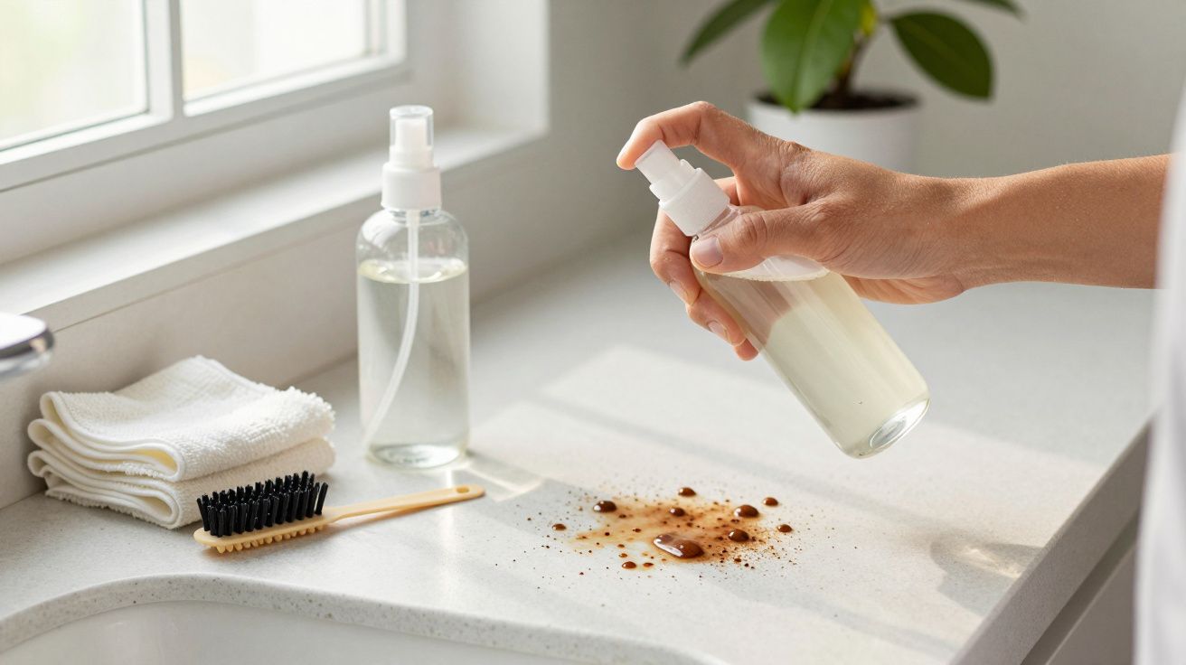 Mão borrifando limpador em uma mancha de café no balcão, ao lado de escova, panos e frasco spray.