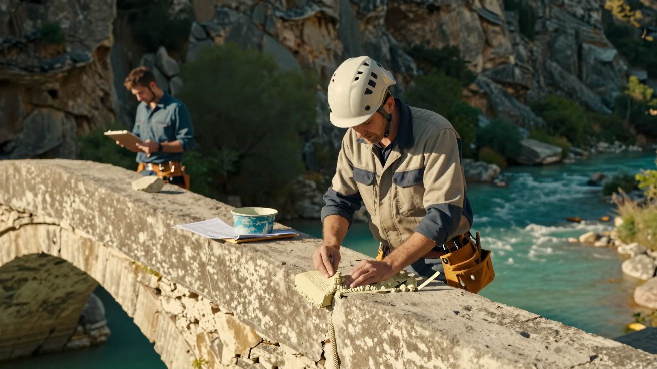 Dois homens trabalham em um antigo ponte de pedra sobre um rio, um segura prancheta e outro examina amostra com capacete.
