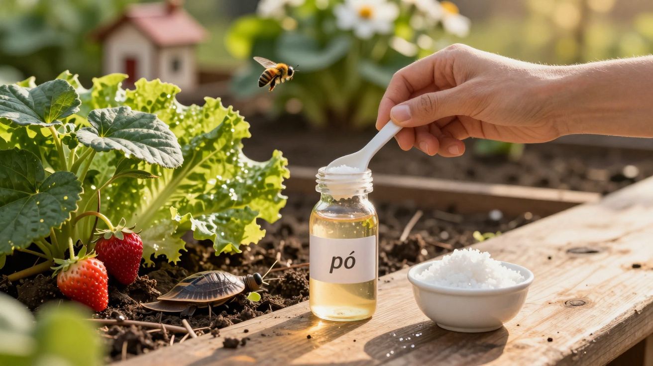 Mão adicionando pó de um pote ao solo em jardim com morangos, abelha voando e uma pequena casa decorativa ao fundo.